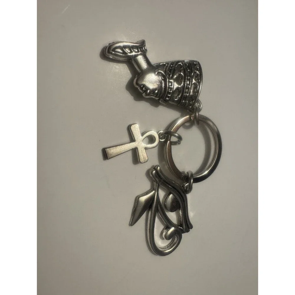 Egyptian Ankh Eye of Horus Nefertiti Keychain Silver Tone Key Ring Charm
